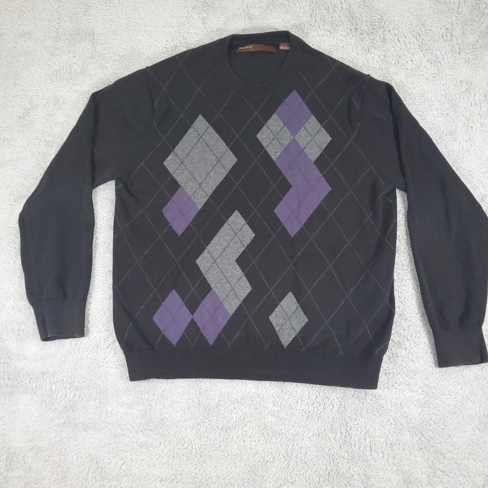 Perry Ellis‎ Mens Large Black Argyle Cotton Crewneck Sweater Purple Grey Preppy